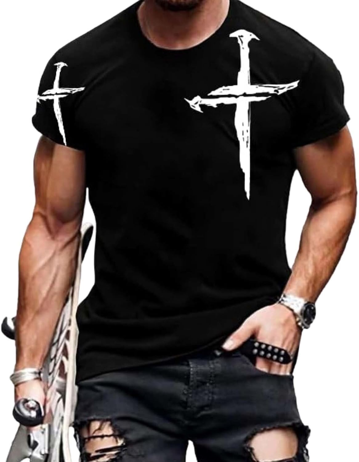 Christian Shirts for Men Jesus Cross Print Vintage Oil Painting Pattern Casual Short Sleeve Religious T-Shirt Tops