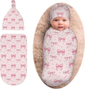 Pink Bow Baby Stuff Newborn Swaddle Blanket with Hat, Soft Pink Swaddling Sack Shower Gift for Boys and Girls