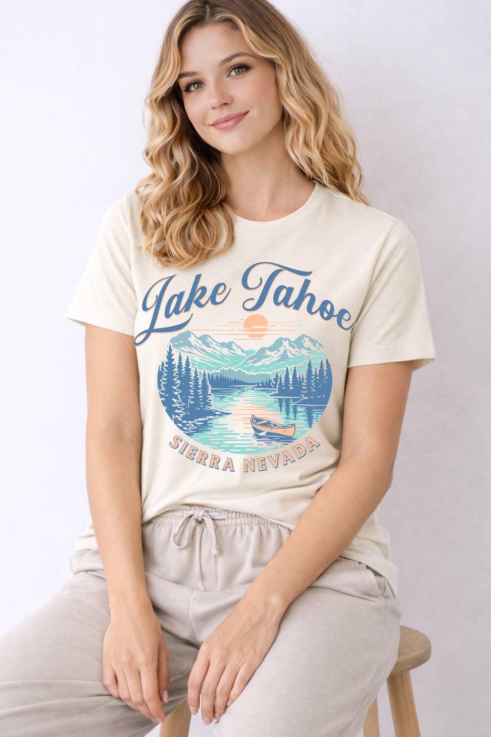 Women Lake Tahoe Graphic Print Short Sleeve Loose Fit Top