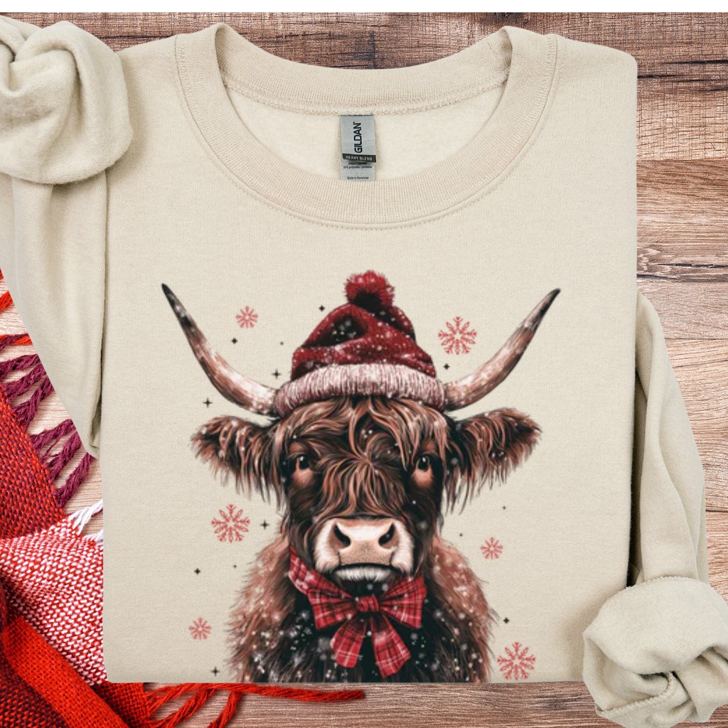 Winter Highland Cow Tan Sweatshirt