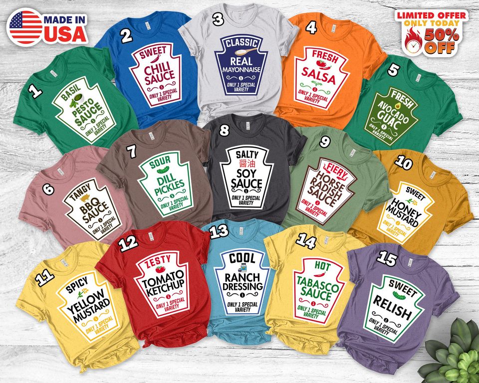 Matching Condiment Halloween Costume T-Shirts - Funny Group Shirts for Adults - Black Graphic Tees for Party Fun