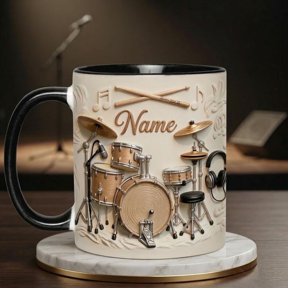 Personalized Drummer Mug, Custom Name Coffee Cup 3D Embossed Accent Mugs