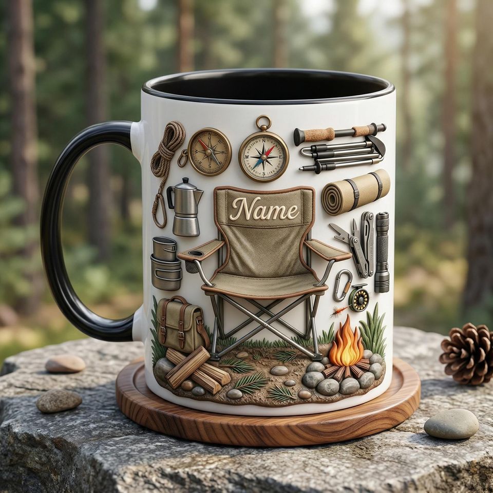 Personalized Camping 3D Embossed Accent Mugs Mountain Design, Custom Ceramic Cup