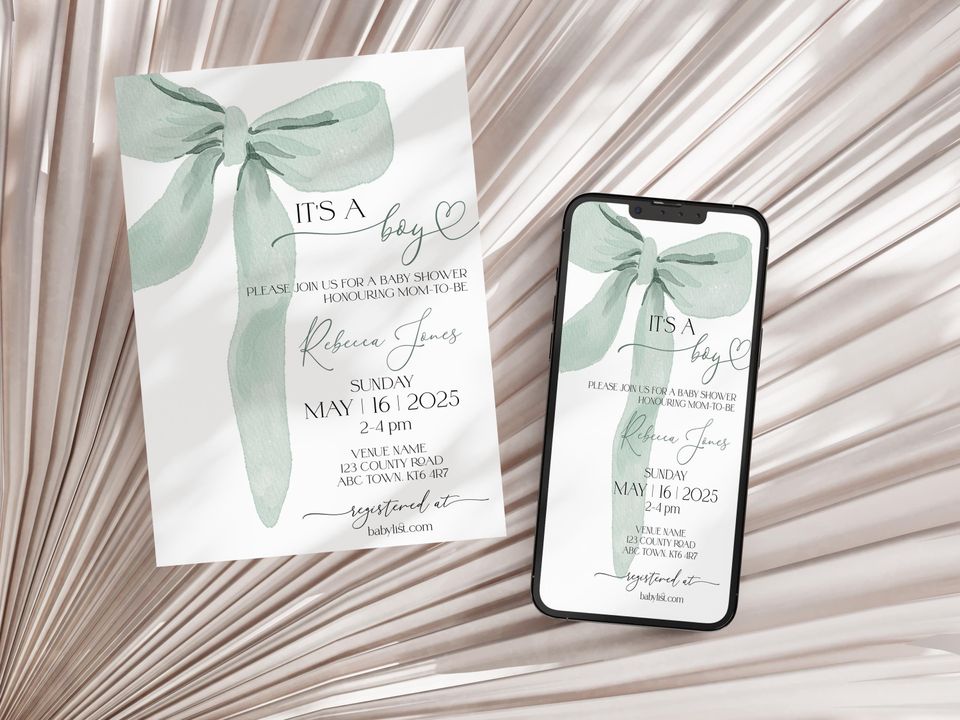 Green Bow Baby Shower Invitation Template Printable - Baby Boy Sage Coquette Baby Shower evite - Mobile or Printable - it's a boy phone