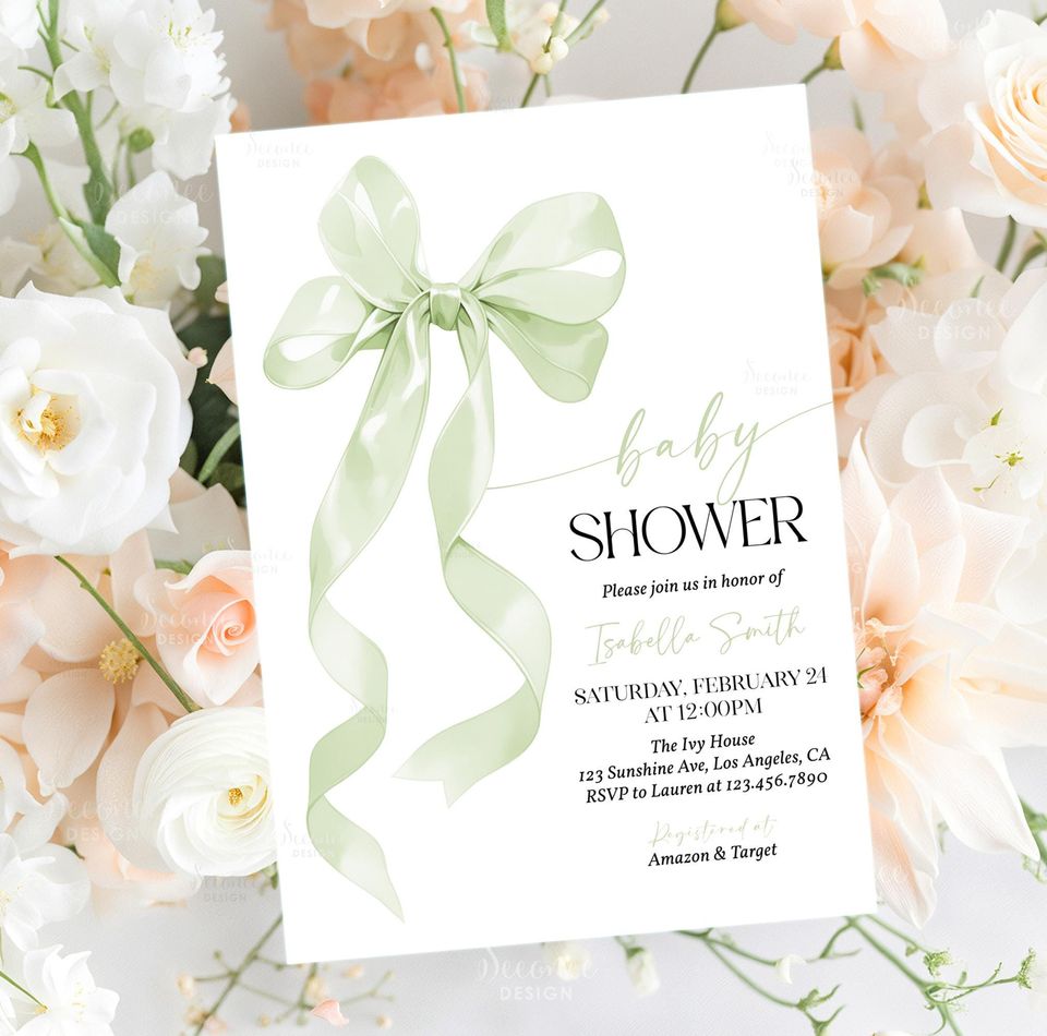 Sage Green Bow Baby Shower Invitation Template Printable, Sage Baby Shower Invite, Neutral Baby Shower Invitation Editable Downloand A2SG1