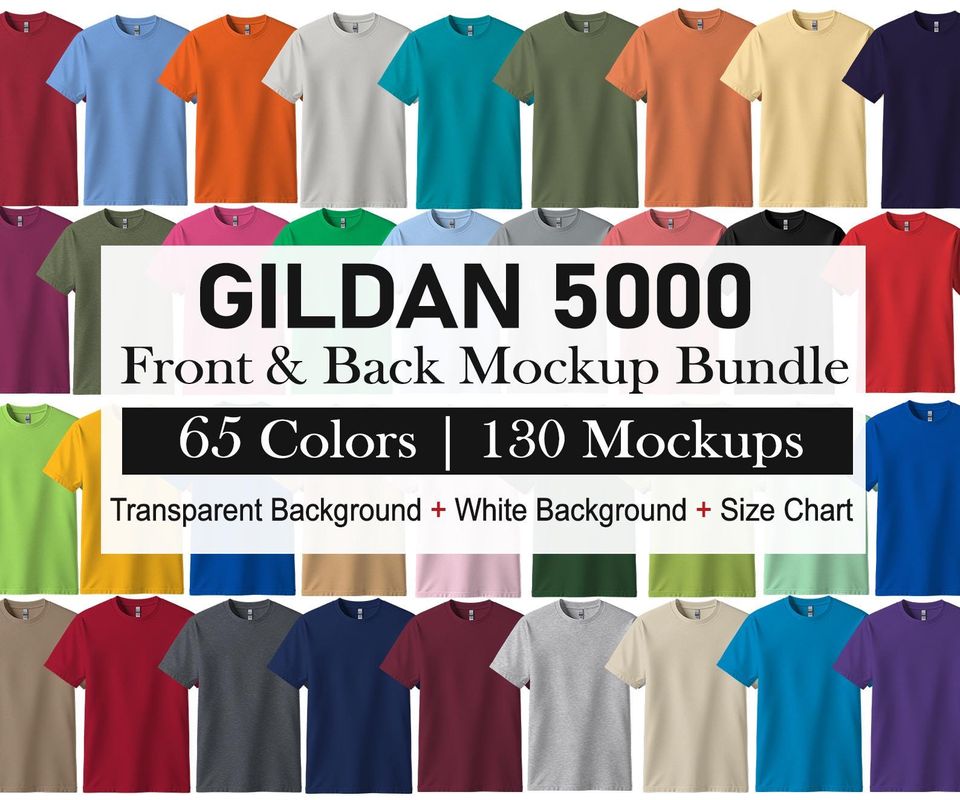 Gildan 5000 Front And Back Flat Lay Mockup Bundle, PNG Transparent + White Backgrounds, G500 Tee Shirt Mockups , 3D Hanging Shirt Mockups