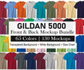 Gildan 5000 Front And Back Flat Lay Mockup Bundle, PNG Transparent + White Backgrounds, G500 Tee Shirt Mockups , 3D Hanging Shirt Mockups