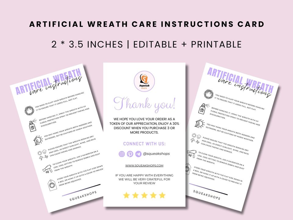 Artificial Wreath Care Card Template: Printable Instructions (2x3.5 inches)