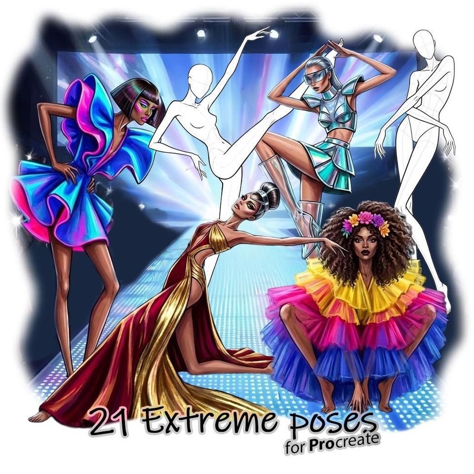 21 Procreate Extreme Fashion Croquis Poses Stamp Brushes | Female Figure Fashion Illustration