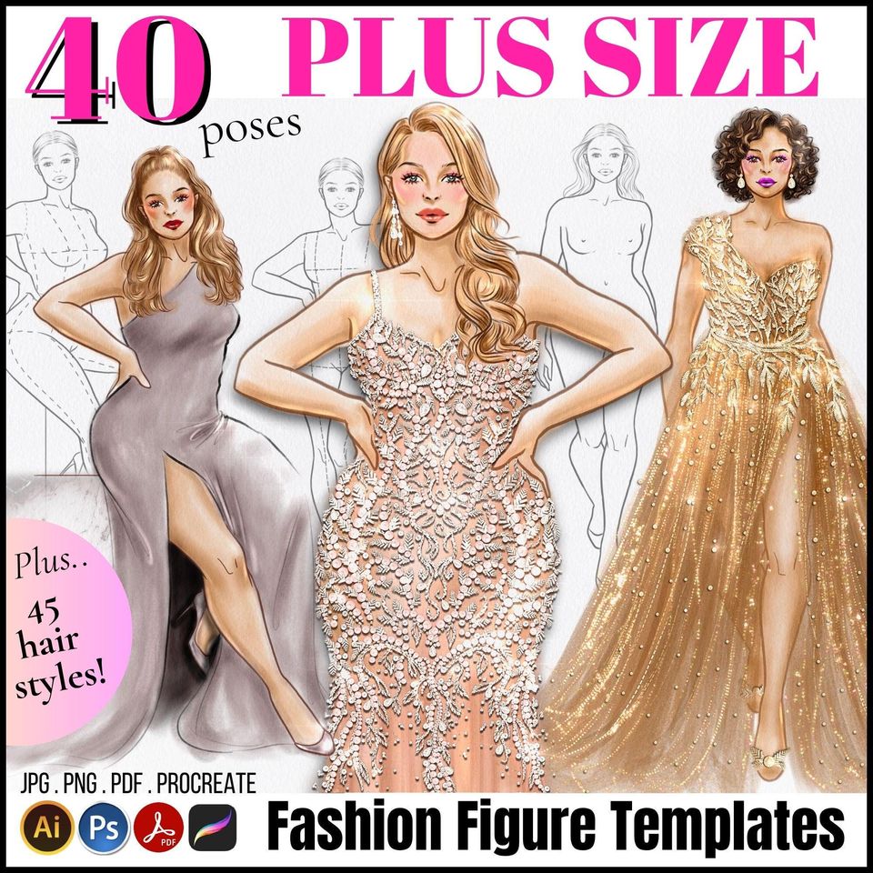 Plus Size Fashion Figure Templates: Curvy Model Croquis with Hairstyles (Printable PDF, Procreate Stamp)