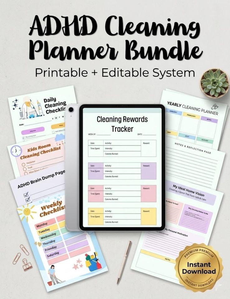 ADHD Cleaning Planner Bundle | ADHD Cleaning Checklist | Printable Cleaning Schedule |Home Cleaning Routine | Editable Canva Planner.