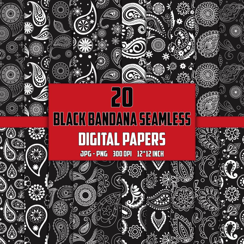 Black Bandana Paisley Seamless Pattern: 20 JPG/PNG Digital Papers