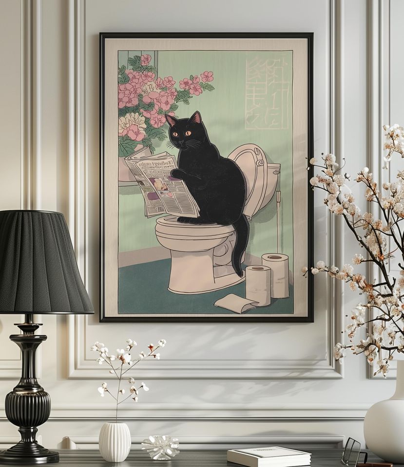 Japanese Black Cat on Toilet Print: Funny Bathroom Wall Art, Cat poster Gifts