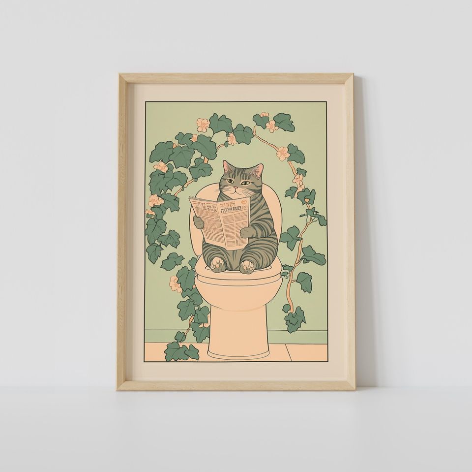 Gray Tabby Cat on Toilet Print, Japanese Bathroom Wall Art, Cat Art, Japandi Art, Relaxing Poster, Japanese Wall Decor, Bathroom Decor