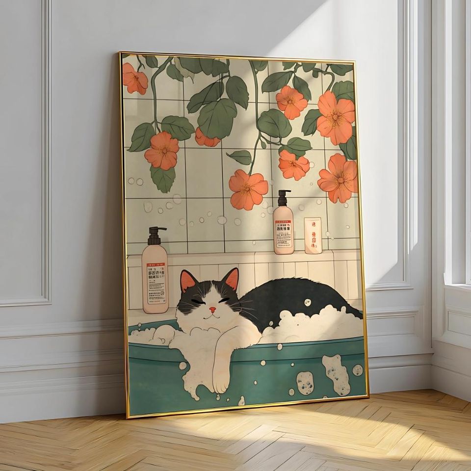 Black Cat in Bathtub: Japanese Bathroom Print, Minimalist Wall Art Poster