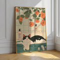 Black Cat in Bathtub: Japanese Bathroom Print, Minimalist Wall Art Poster