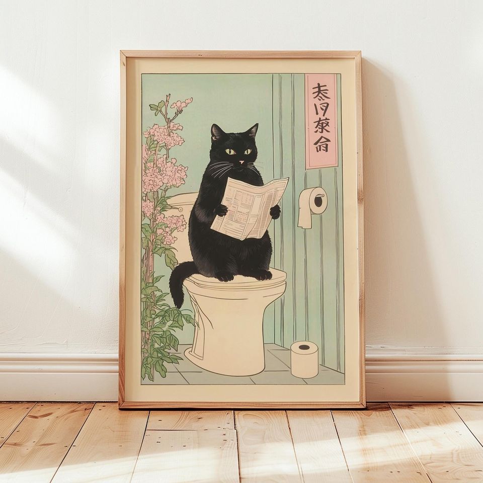 Japanese Black Cat on Toilet Print, Funny Black Cat Bathroom Wall Art Print, Vintage Japanese Style Illustration Home Decor, Cat Lover Gift