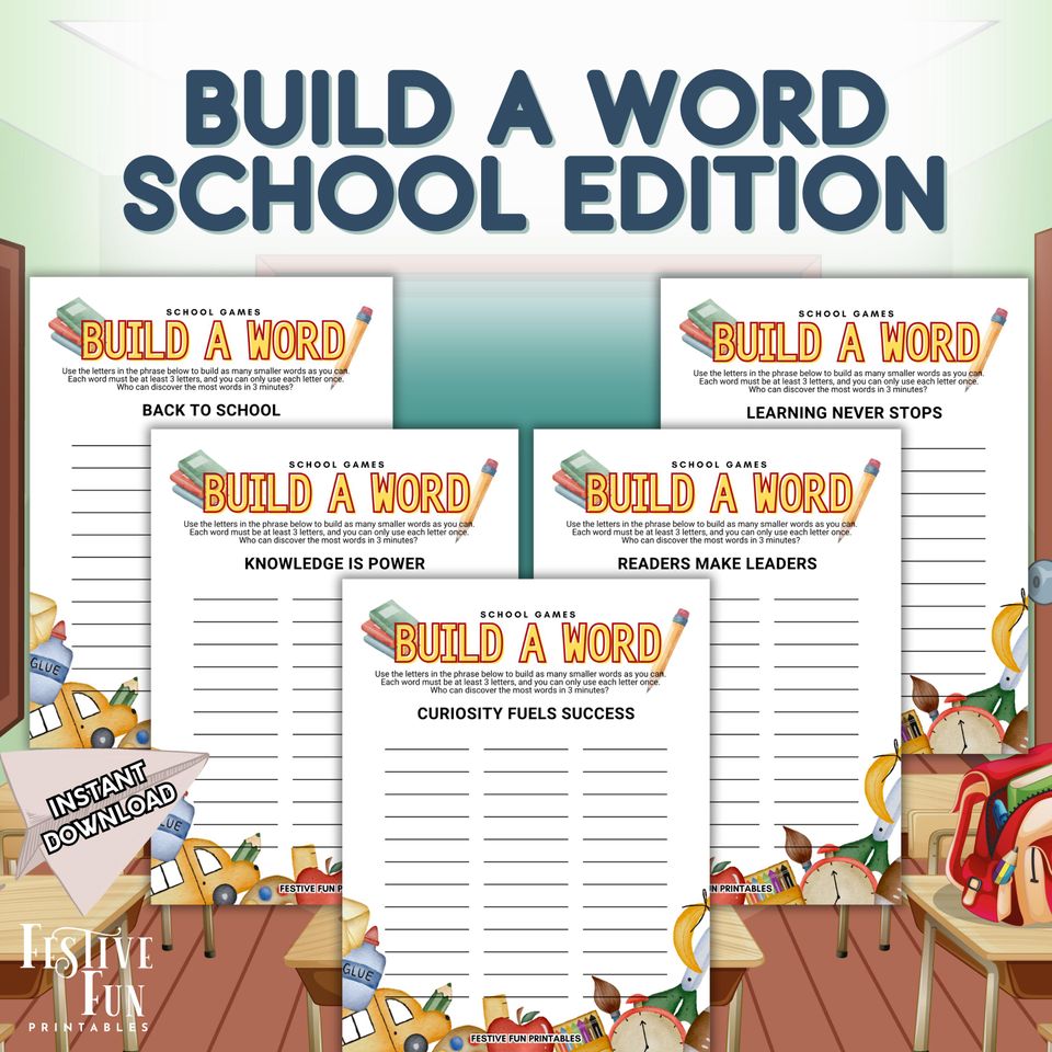 Back to School Build-A-Word Game Bundle, Printable Classroom Word Search Challenge Activity for English Class, Spelling, Homeschool