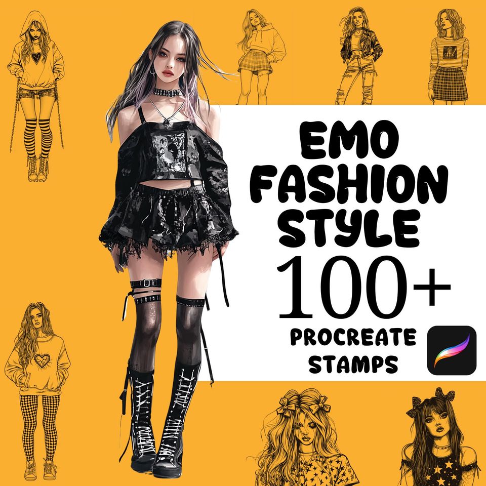 Procreate Fashion Brushes | 100+ Emo Fashion Style Procreate Stamps | Female Fashion Stamps | Procreate App | Fashion Illustration