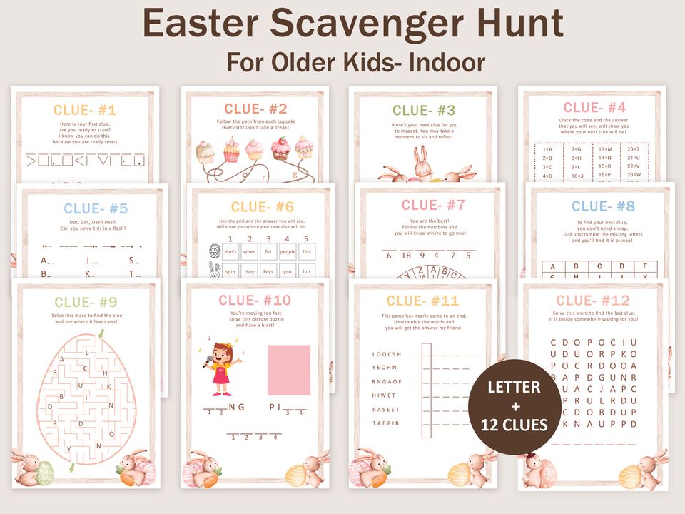 Easter Scavenger Hunt for Older Kids Easter Hunt Clues Puzzle Teen Pre-teen Easter Egg Treasure Hunt Indoor Basket Bunny PRINTABLE Instant