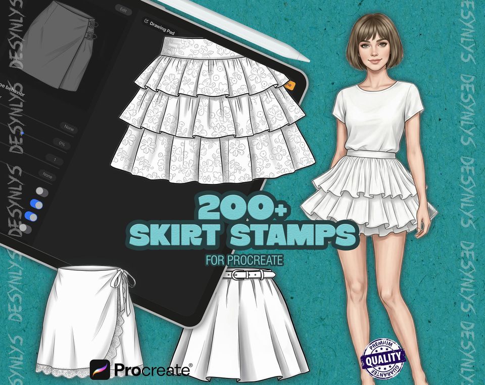 Procreate 200+ Skirt Stamps | Fashion  Brush Set | Dress Design & Fashion Illustration Brushes