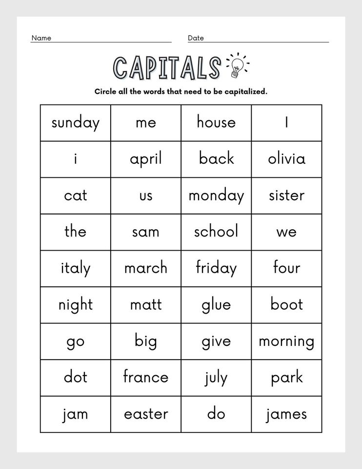 Capitalization Worksheets | Printable Capital Letter Activity | English Grammar Capital Letter Lesson Capitalization Activity Grammar Lesson