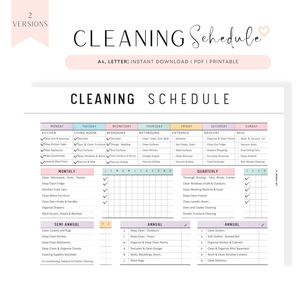 Colorful Cleaning Schedule Template PRINTABLE: FILLABLE Checklist (A4/Letter PDF)