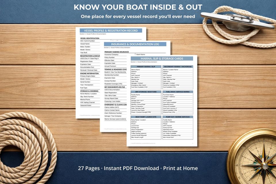 Boat Owner's Maintenance & Captain's Log | Printable Binder | Vessel Records, Engine Logs and Trip Journal