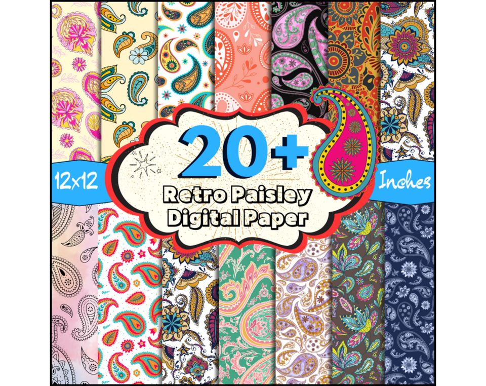 20 + Retro Paisley Digital Paper, Groovy Seamless Pattern, Paisley Texture Background, Retro Scrapbook, Paisley Wallpaper, Clipart PNG