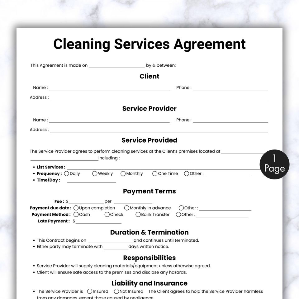 Simple Cleaning Service Agreement, One Page Cleaning Business Form, Printable & Editable Cleaning Service Contract, Housekeeper contract