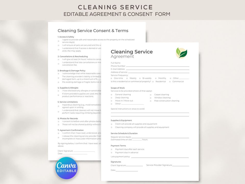 Cleaning Service Agreement Form, Commercial Cleaning Business Template, Editable Canva Printable PDF
