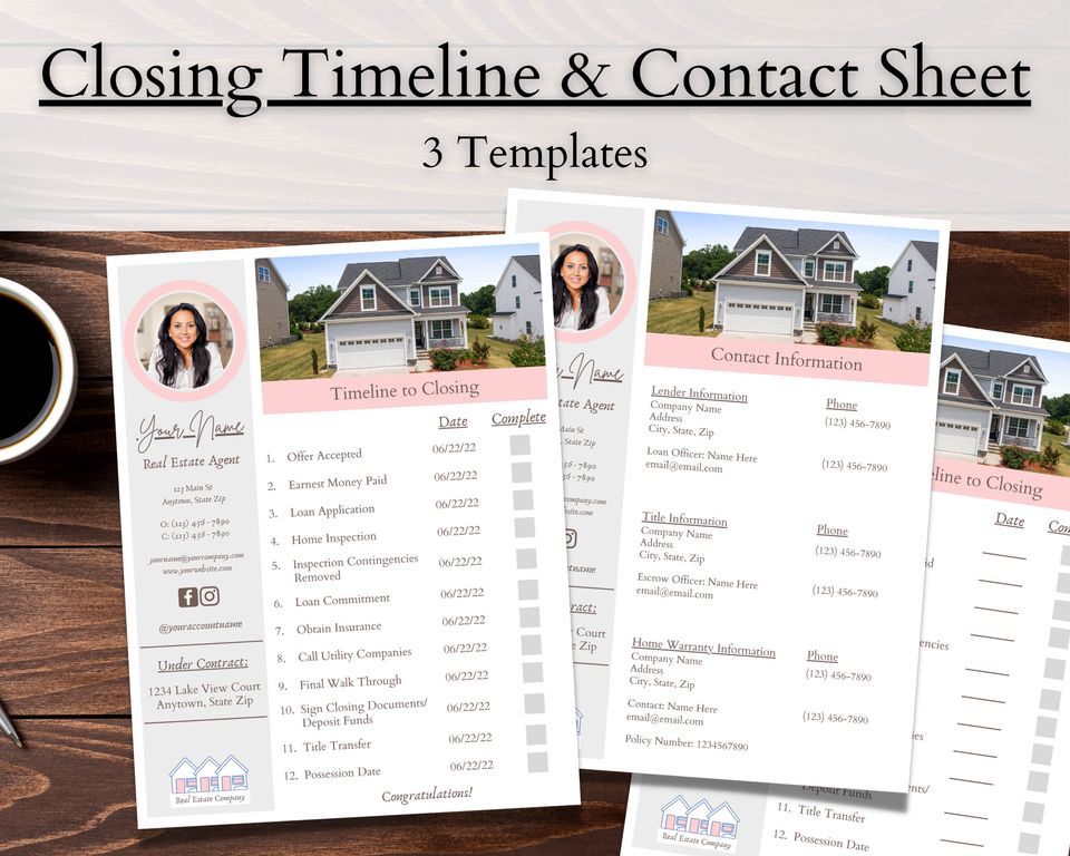 Real Estate Closing Timeline, Contact Information Sheet, Marketing for Agents, Under Contract, Printable Realtor Templates, Edit it Canva