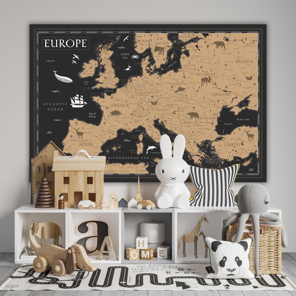 Printable Animals Europe Map Black Gold Wall Art, Vintage Europe Map Print, Map of Europe Digital for Kids Room, Europe map with countries