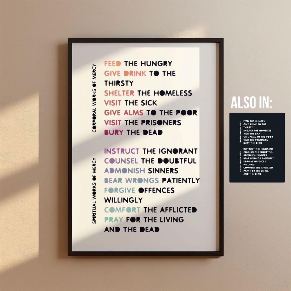 Works of Mercy Catholic Wall Art, Christian Print, Religious Artwork, Typography Poster, Catholic Gift, Confirmation, Modern Minimalist Art