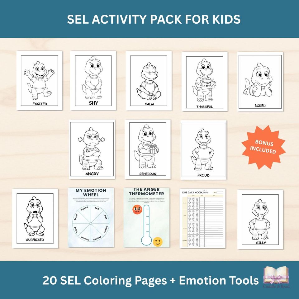 Dinosaur SEL Coloring Pages Emotions Activity Calm Down Corner Worksheets Mood Tracker Anger Thermometer Counseling Printable