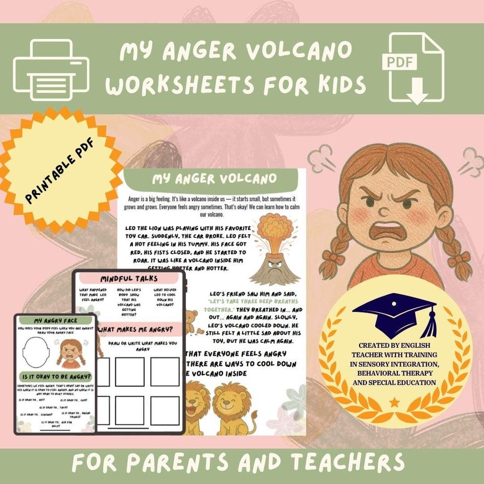 Anger Volcano Worksheets  Kids Emotional Regulation (Printable PDF) Materials for parents and teachers