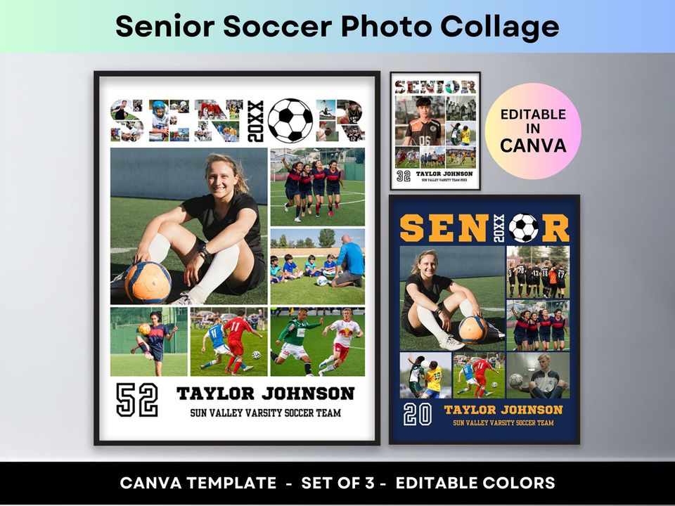 Senior Soccer Poster Custom Sports Player Photo Collage High School Senior Night Personalized Varsity Football Gift Editable Canva Template