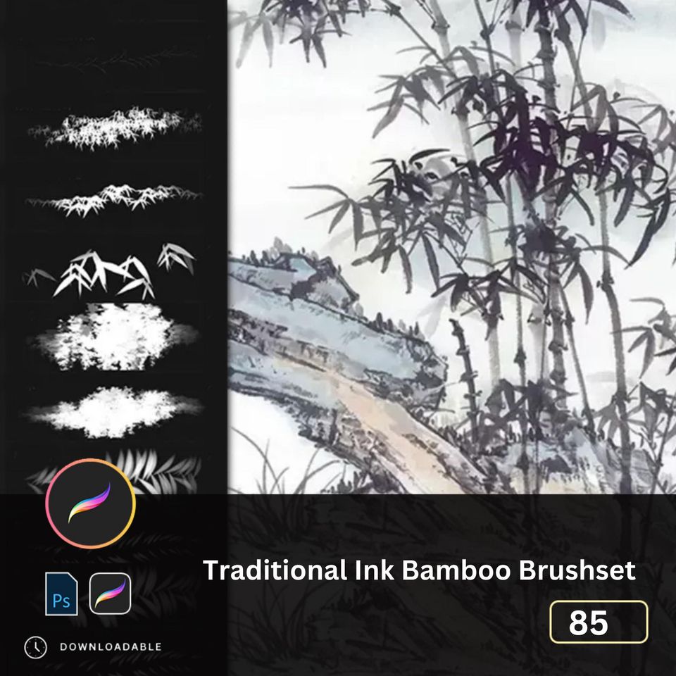85  Traditional Ink Bamboo Procreate & Photoshop Brushes, Maple Leaves, Cranes, and Birds Geese - Chinese Style Watercolor Art