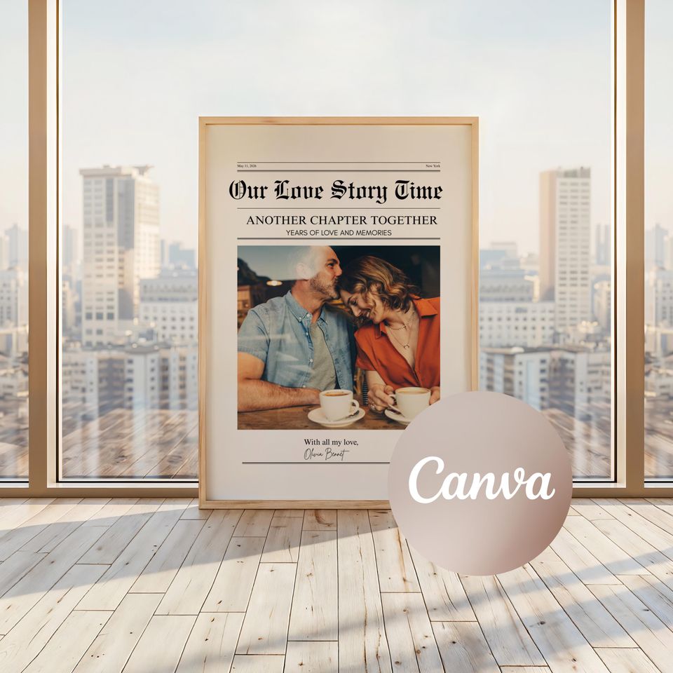 Couple Newspaper Poster, Personalized Anniversary Gift, Custom Photo Print, Long Distance Relationship Keepsake Wall Art
