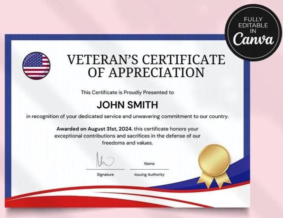 American Flag Appreciation Certificate, Veterans Award, Printable Canva Template
