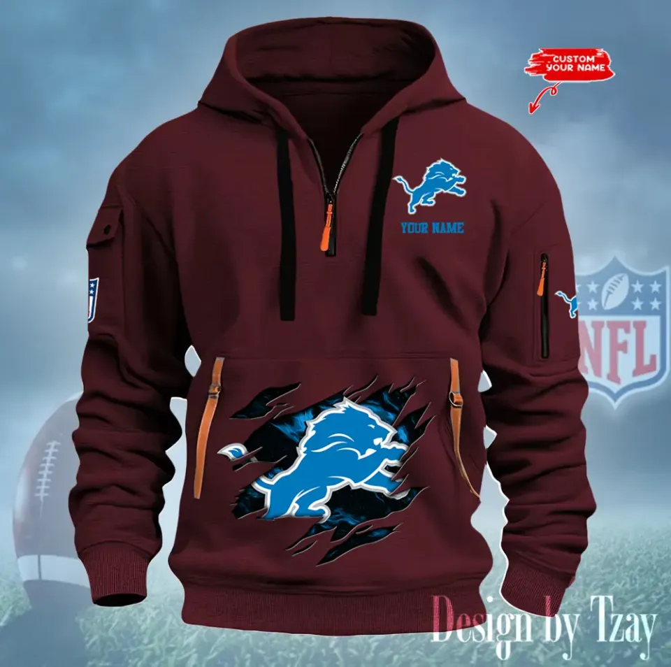 Detroit Lions Custom Name Quarter Zip Hoodie Football Fan Gift