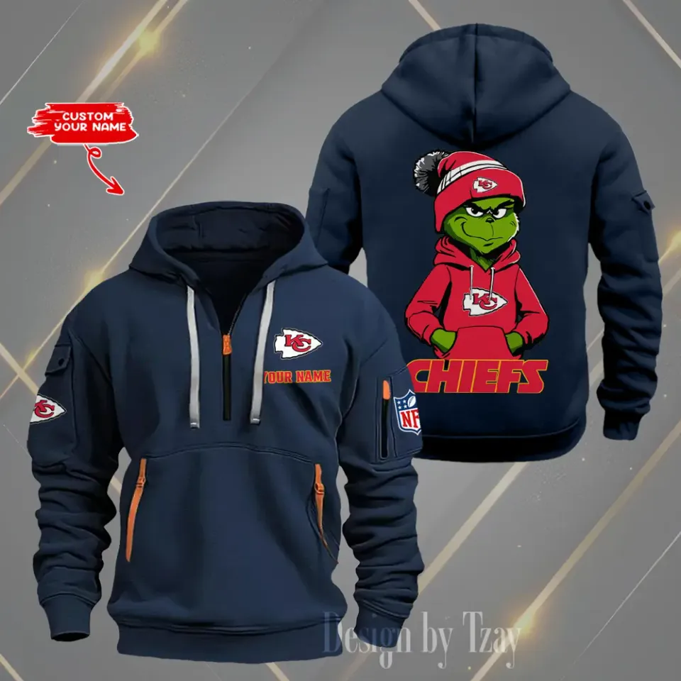KC Football Team Custom Name Quarter Zip Hoodie Football Fan Gift