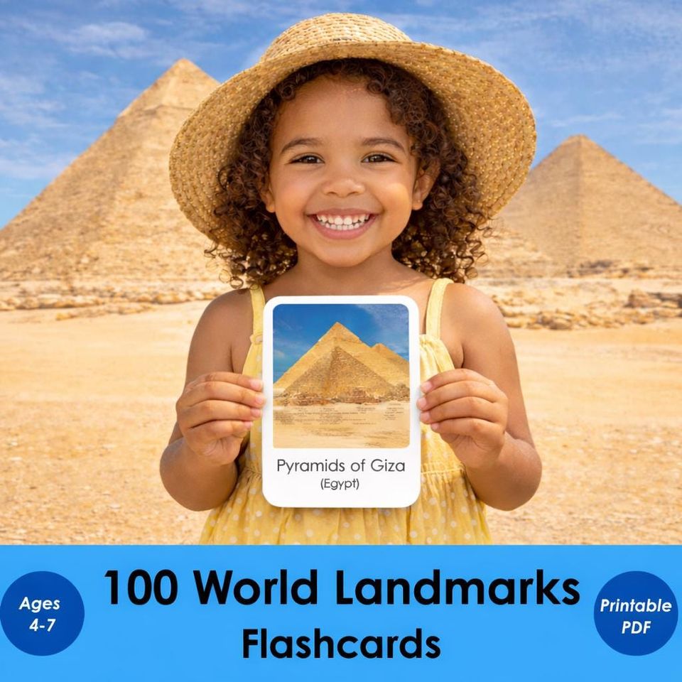 100 World Landmarks Flashcards for Kids, Montessori Geography Cards, Printable 3 Part Cards Homeschool Geography Activity Preschool Learning