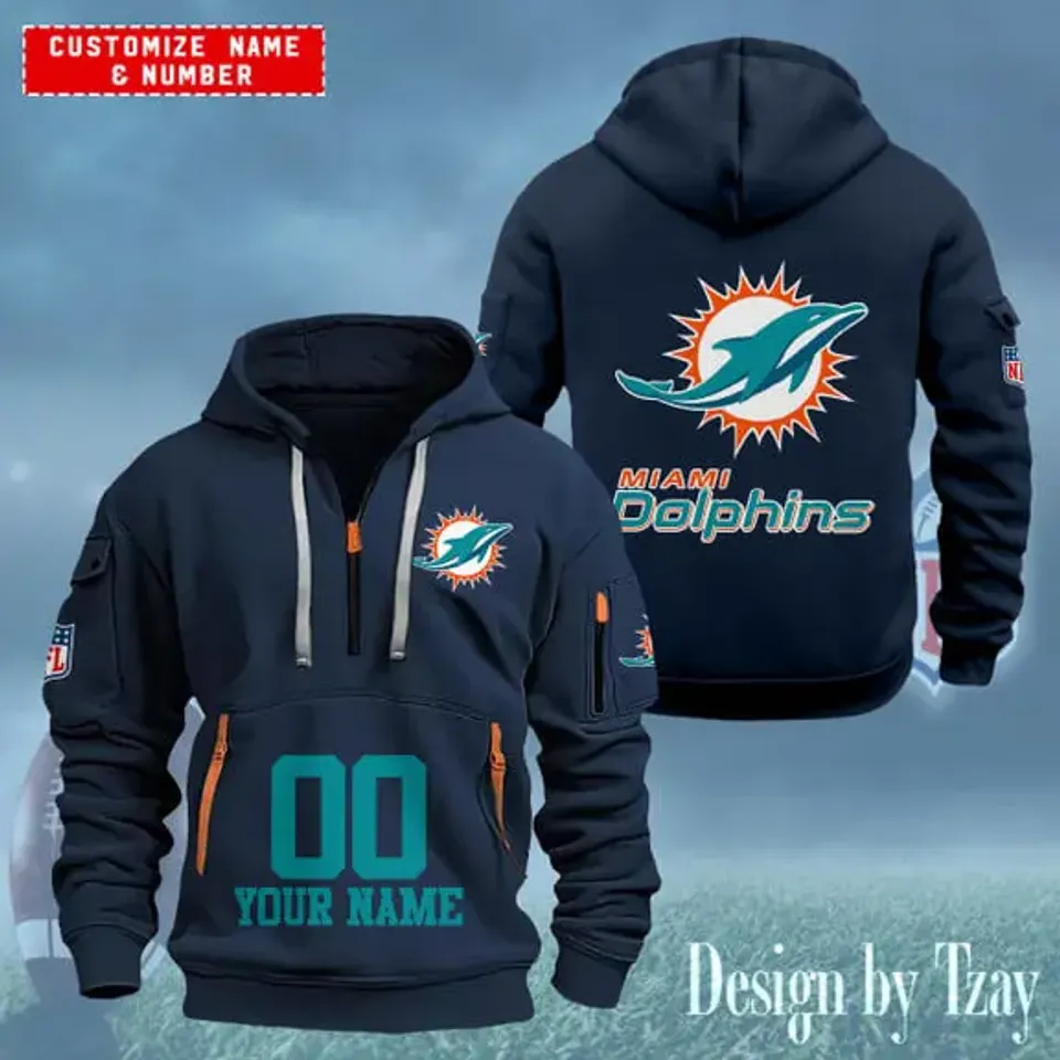 Miami Dolphins Custom Name Number Quarter Zip Hoodie Football Fan Gift