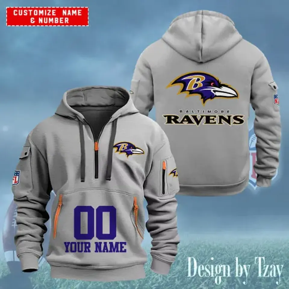 Baltimore Raven Custom Name Number Quarter Zip Hoodie Football Fan Gift