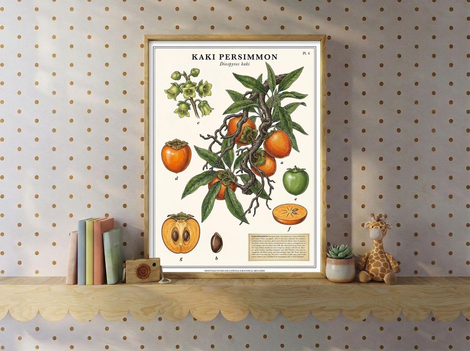 Vintage Botanical Art Kaki Persimmon Print Kitchen Wall Decor Educational Plant Chart Rustic Dining Poster Fruit Illustration Digital
