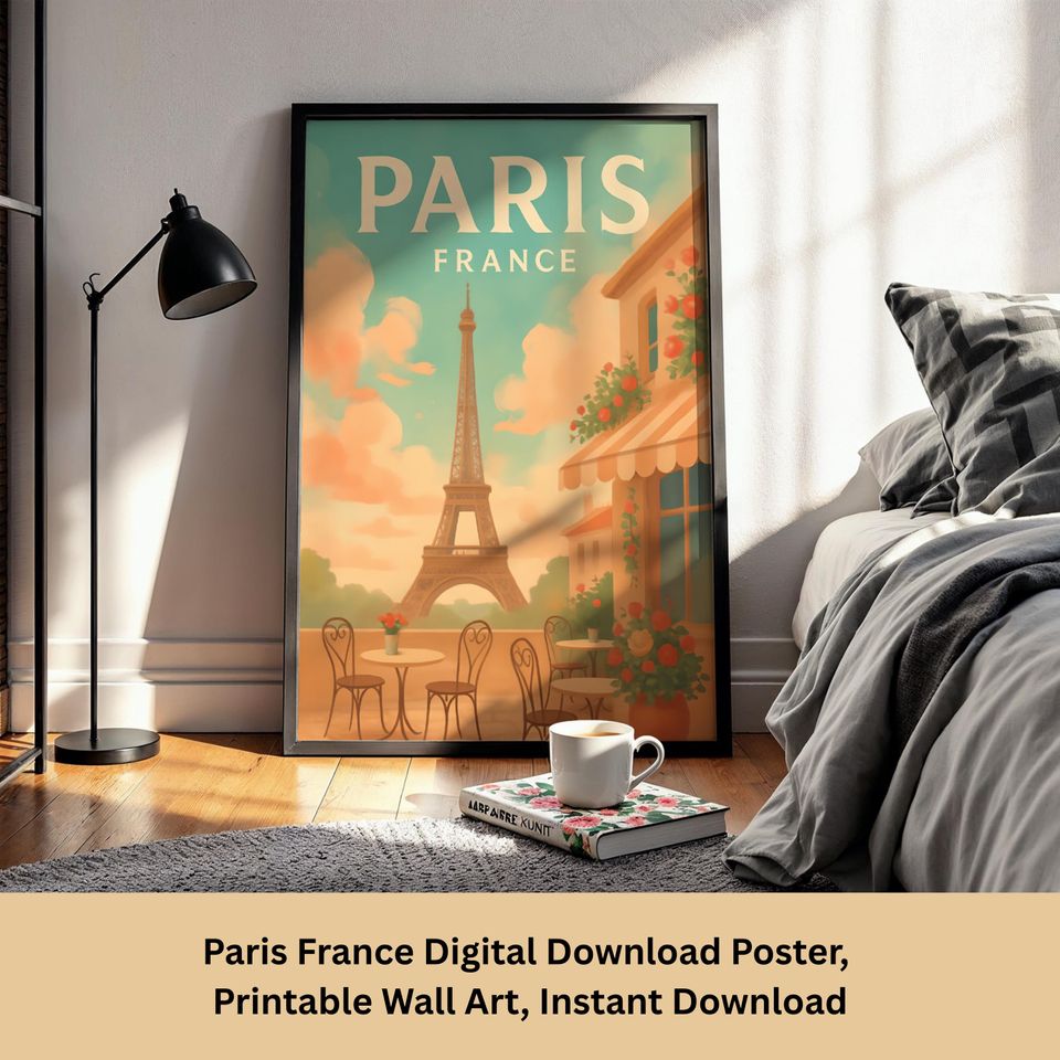 Paris Travel Poster  Eiffel Tower Digital Wall Art  France Printable Decor  Vintage Caf Illustration  Instant Download