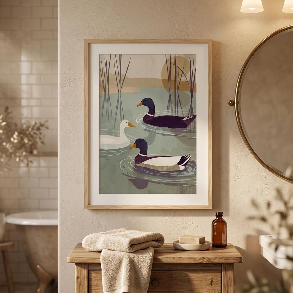 Duck Pond Wall Art Print | Minimalist Bird Poster | Neutral Nature Decor | Scandi Style Lake Artwork