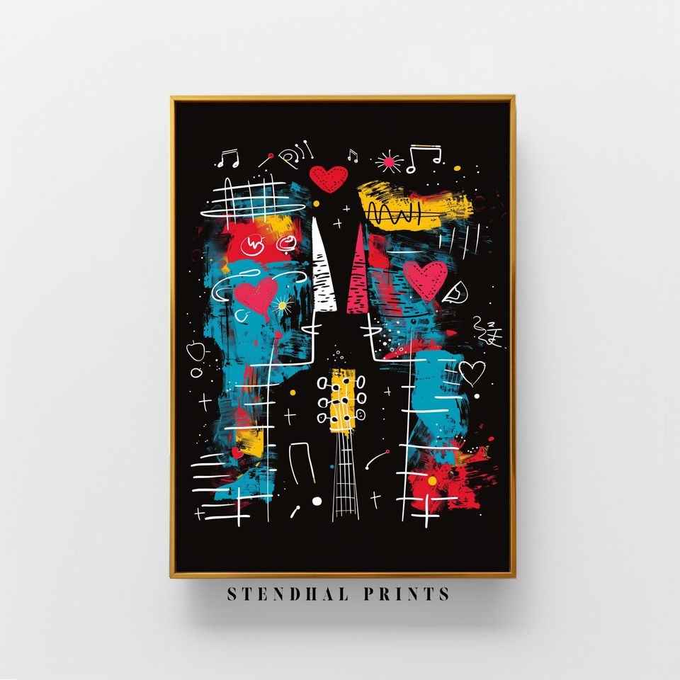 Musical Heart and Notes | "Love Notes" Abstract Art | Colorful Music Themed Wall Art | Guitar and Melodies | Romantic Digital Print Decor