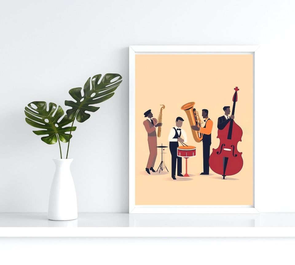 A group of people playing instruments, musical instrument, musical room decor, wall art illustration